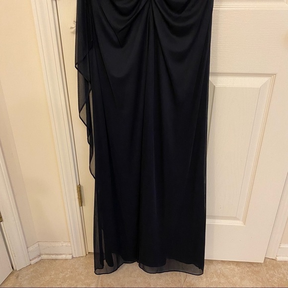 Alex Evenings Illusion Embellished 3/4 Sleeve Ruched A-Line Gown in Dark Navy - Picture 13 of 14